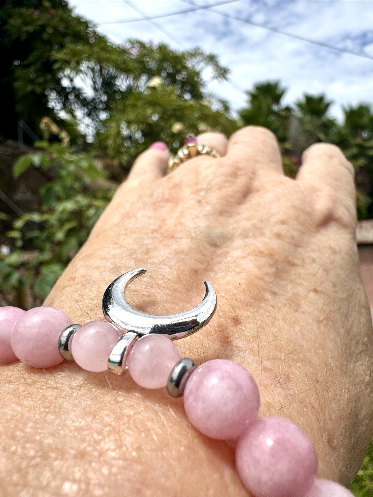 High Quality Kunzite And Rose Quartz Bracelet With Silver Plated Crescent Moon