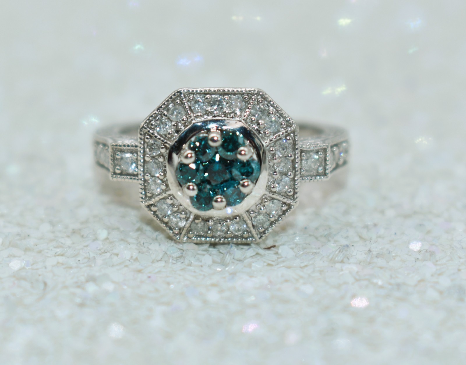 0.57 CT TW Treated Blue & White Diamonds Sterling Silver Halo Ring Size 8-1/4