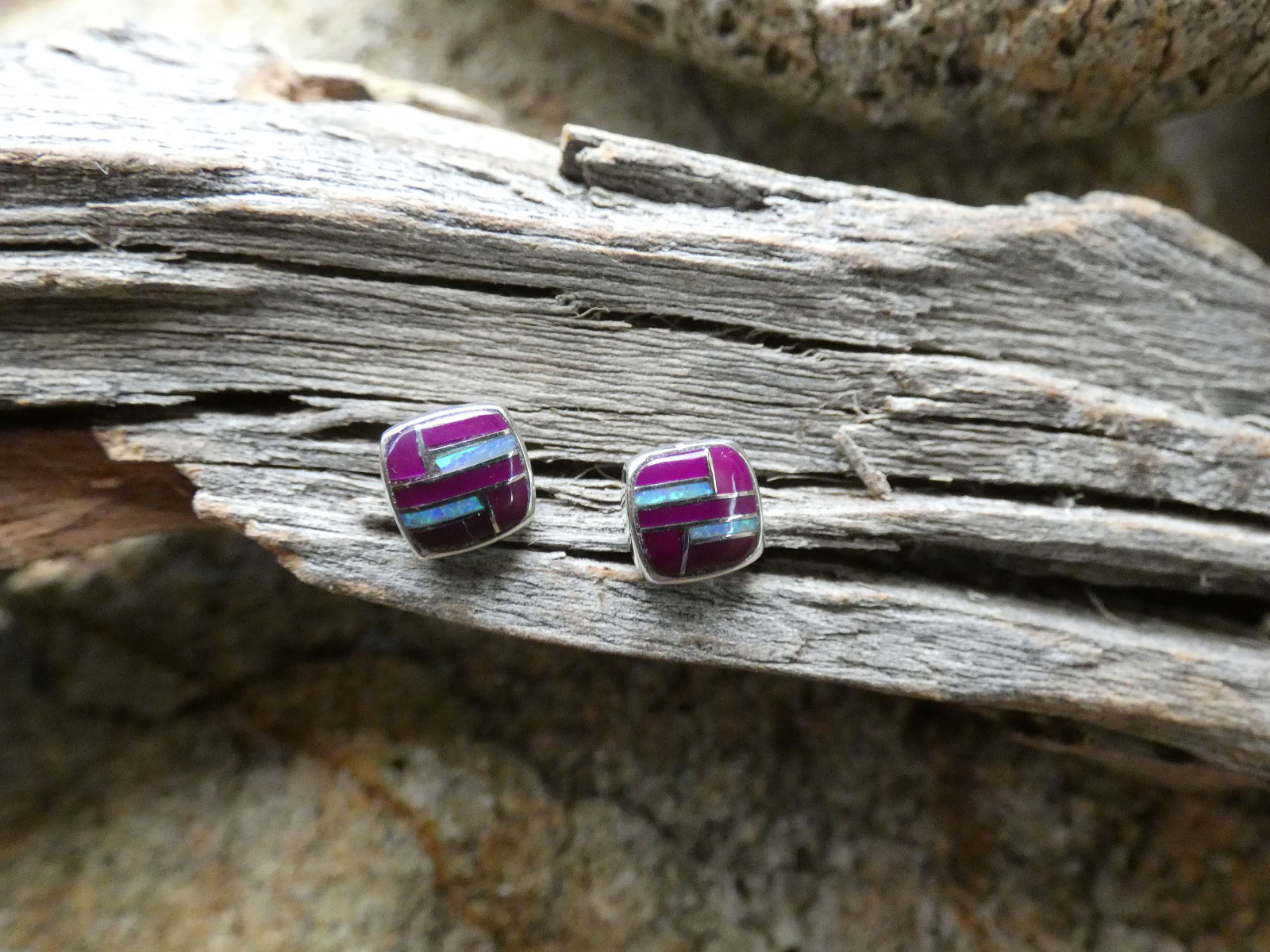 Purple Sugilite & Opal Gemstone Petite Post Earrings Sterling Silver NEW P55