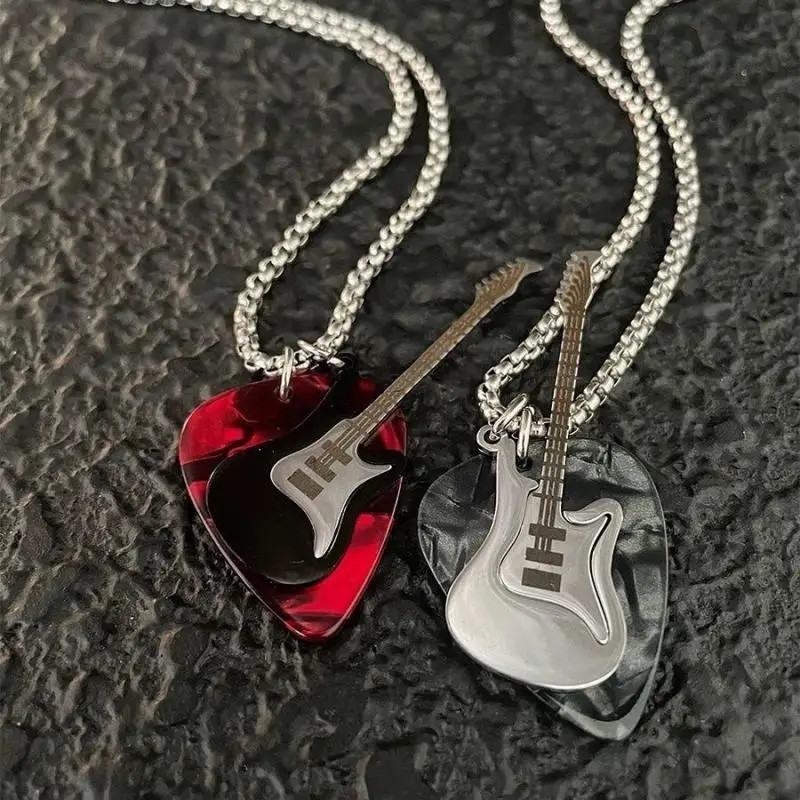 Hip Hop Guitar Pendant Necklace Titanium Steel Vintage Electric Guitar Sweater C