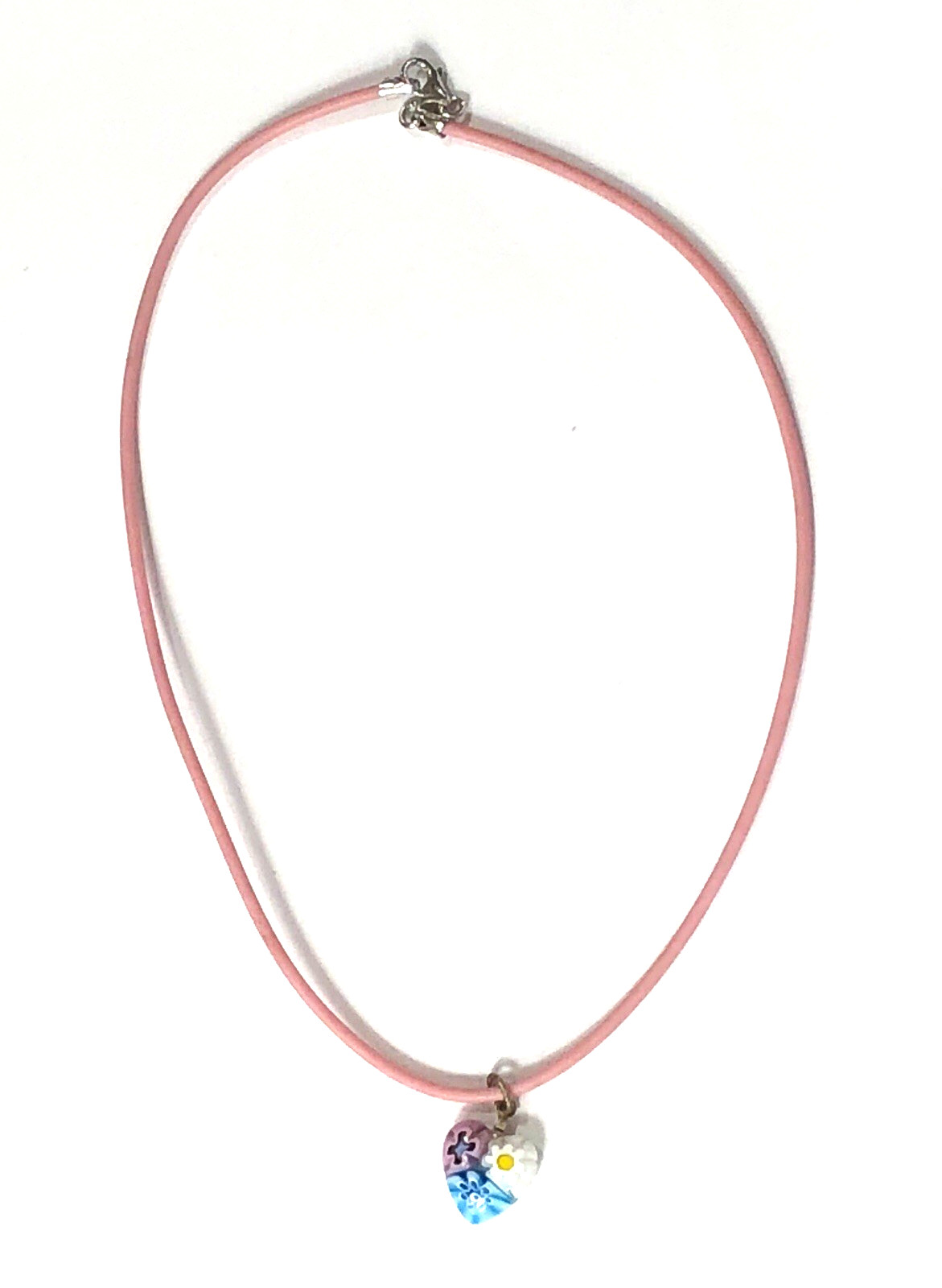 Millefiori Glass Pendant Necklace Heart w Sterling Silver Clasp – 15 inch Length