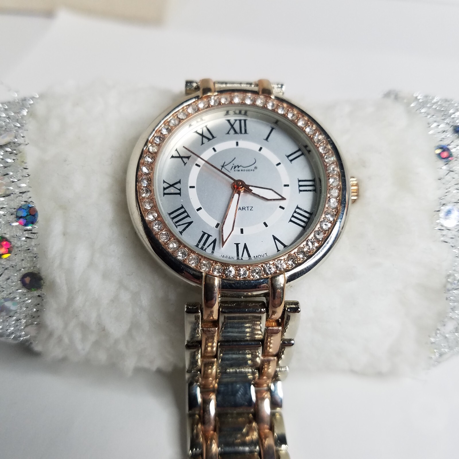 Vintage Kim Rogers Womens Wrist Watch Silver Gold Tone Rhinestone Bezel New