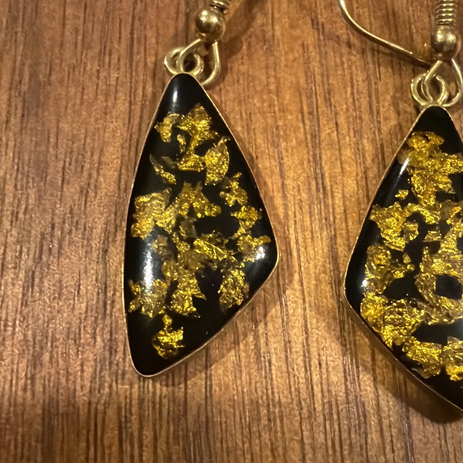 Vintage Gold foil Flake Resin Triangle Dangle Gold Plated Earrings