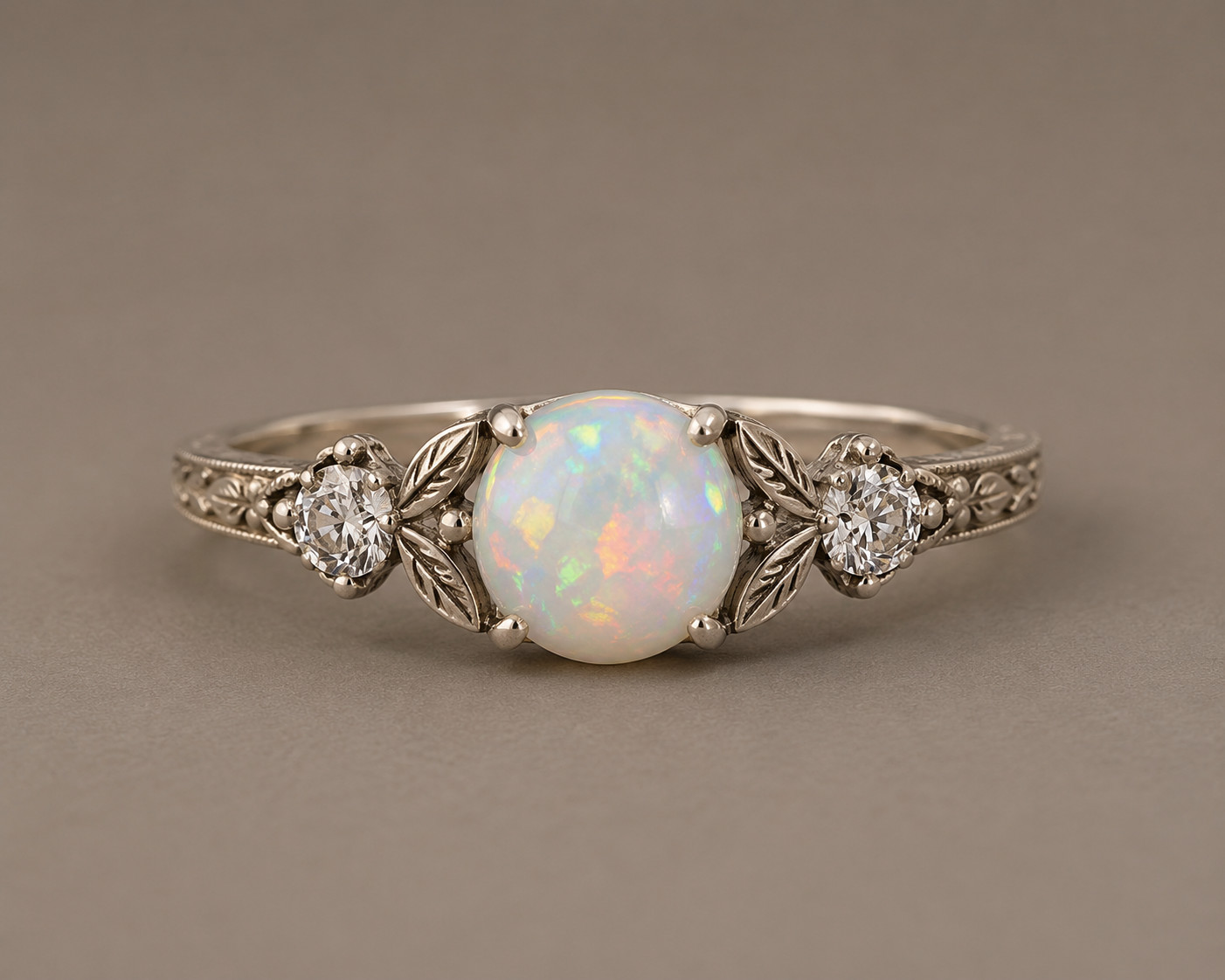 Handcrafted White Ethiopian Opal Ring with Moissanite Accents & Vintage Leaf