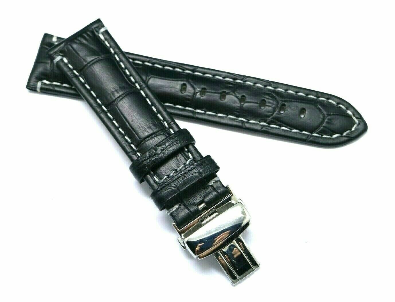 22mm 24mm Black or Brown Croco Embossed Leather Watch Strap Butterfly Clasp