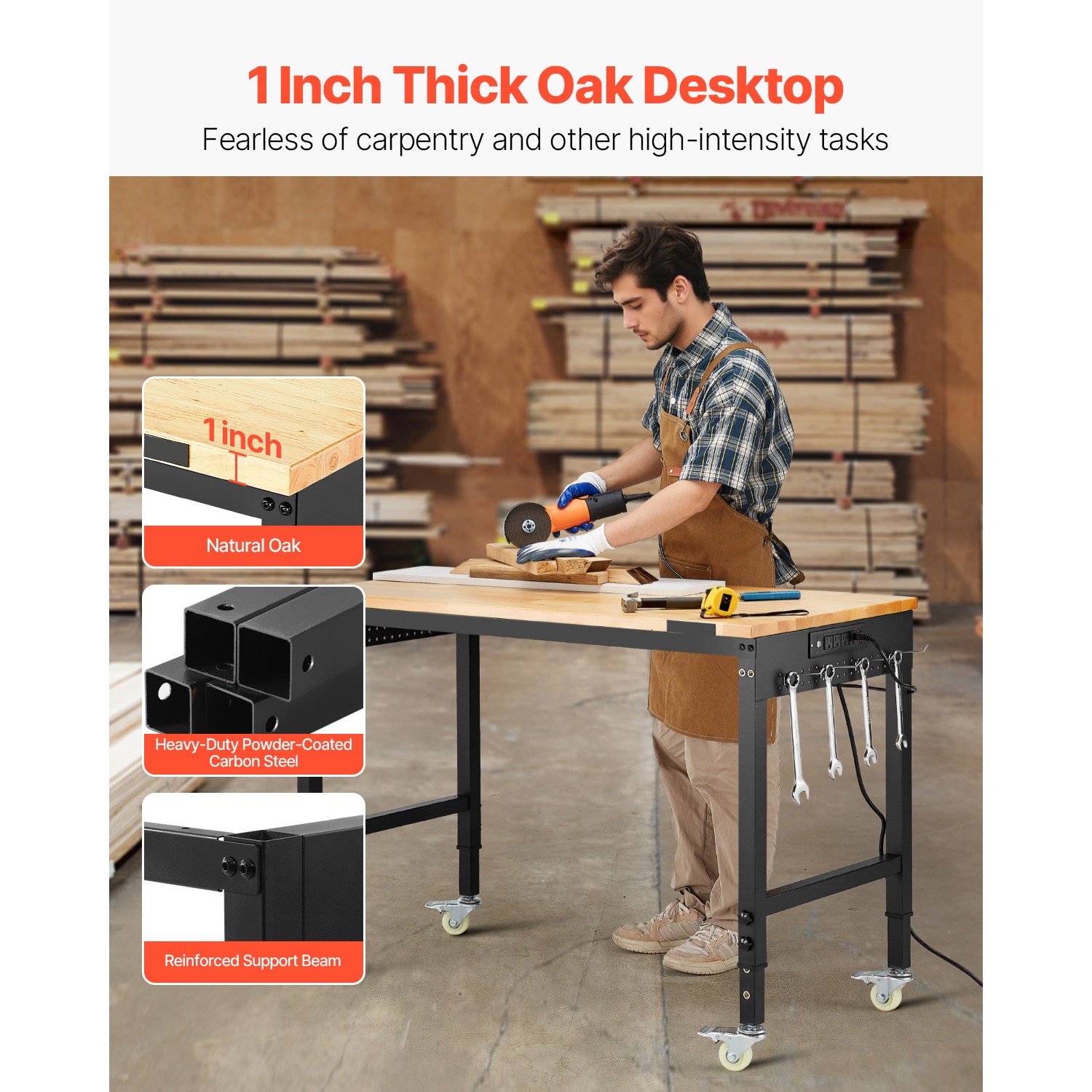 Uimoso 48″ Mobile Workbench with Adjustable Height, Power Outlet & Pegboard