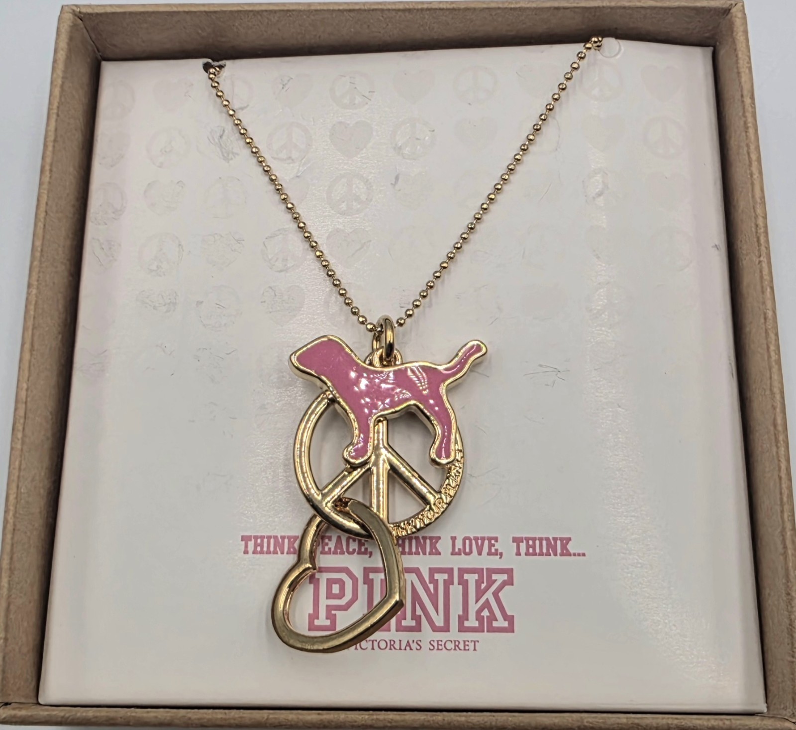 NEW Rare Victoria’s Secret PINK Dog Charm Necklace Peace Love