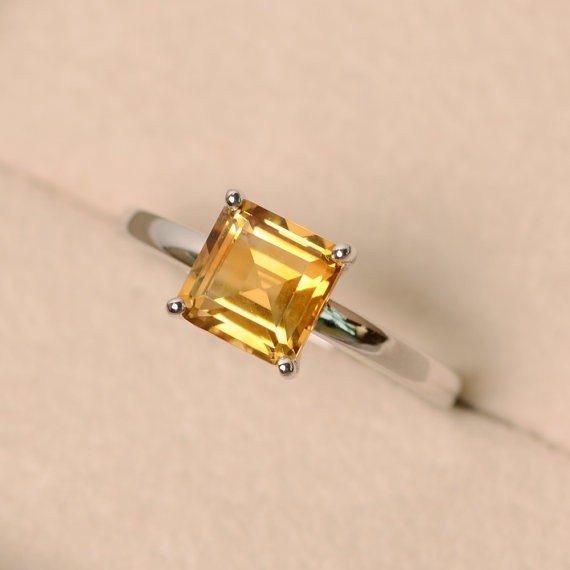 1.50 Ct Princess Cut Natural Citrine Diamond Wedding Ring 14K White Gold Size 6