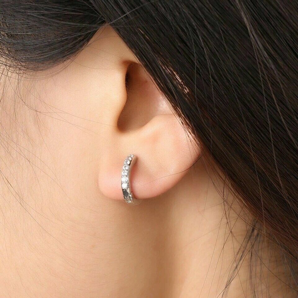Silver Plated CZ Cubic Huggie Hoop Small Earrings E21 Lab-Created A 54