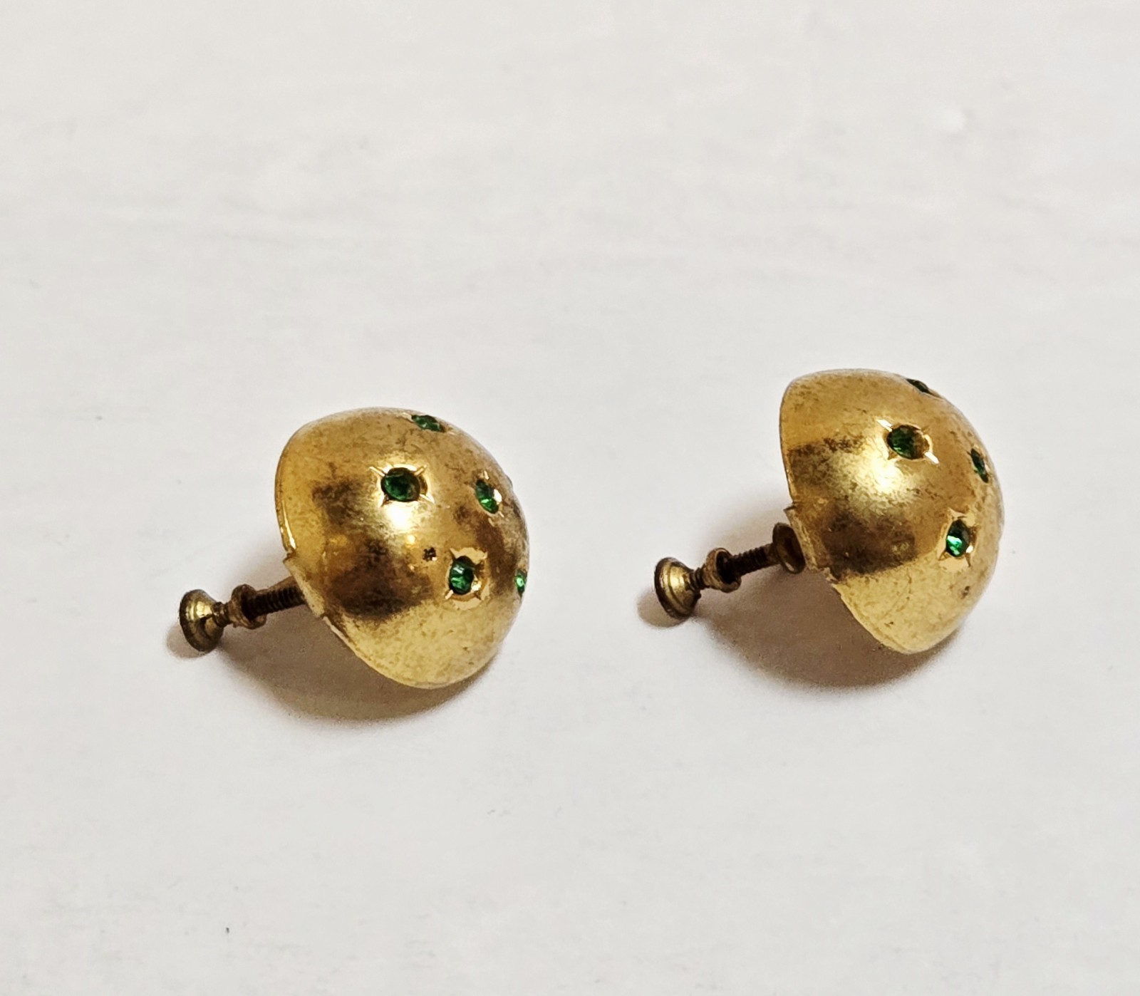 Vintage Signed CORO Fur Clip Duette Green Rhinestone Gold Tone Dome Earrings