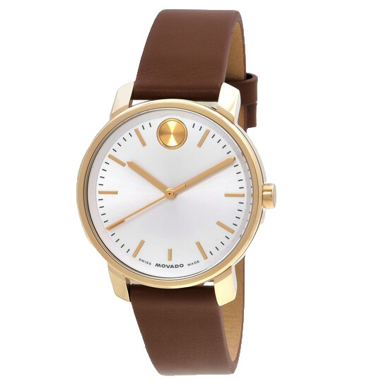 MOVADO BOLD 3601166 WHITE DIAL BROWN LEATHER STRAP QUARTZ 34MM GOLD WOMENS WATCH