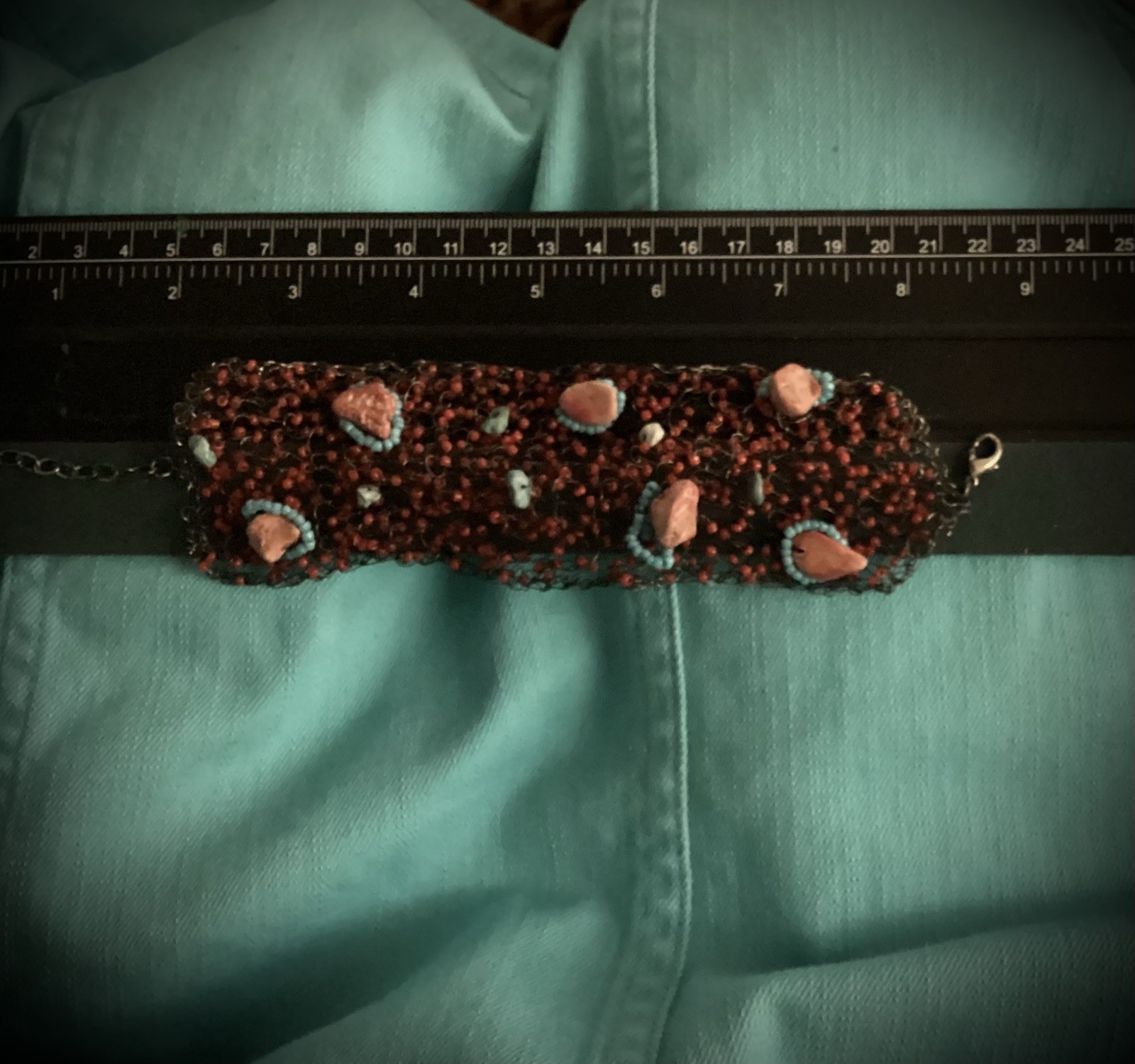 Handmade Knitted Wire, Bead, and Stone Bracelet Red and Aqua – One Of A Kind