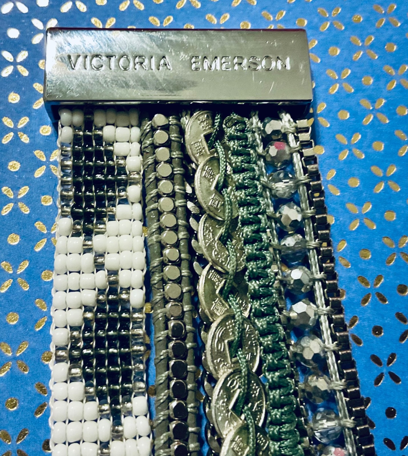Victoria Emerson Bracelet Silver Tone Crystal Beaded Chain Cuff