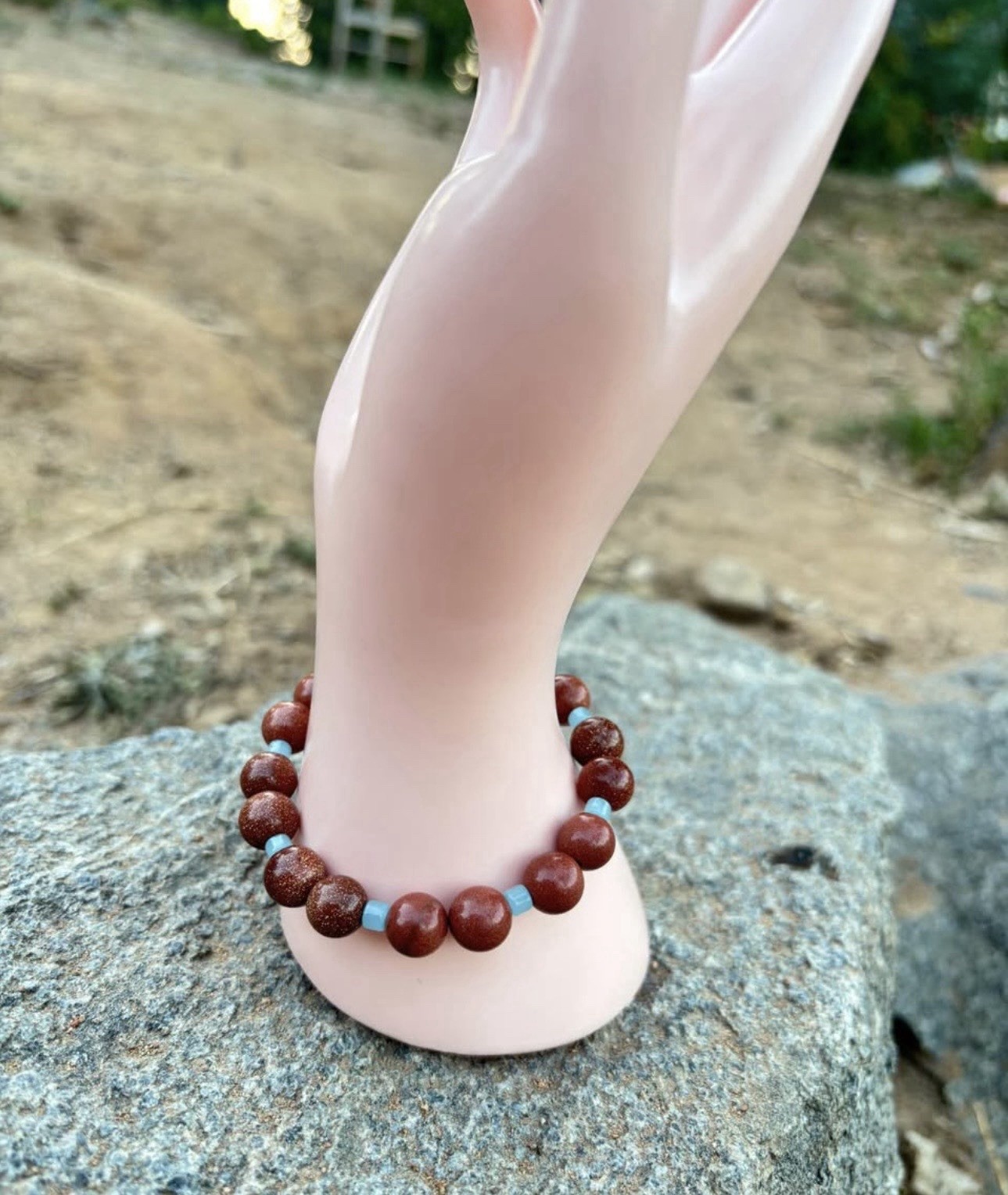 Golden Sand Stone Beaded Stretch Bracelet w/ Aqua Blue Spacer Beads, No Clasp