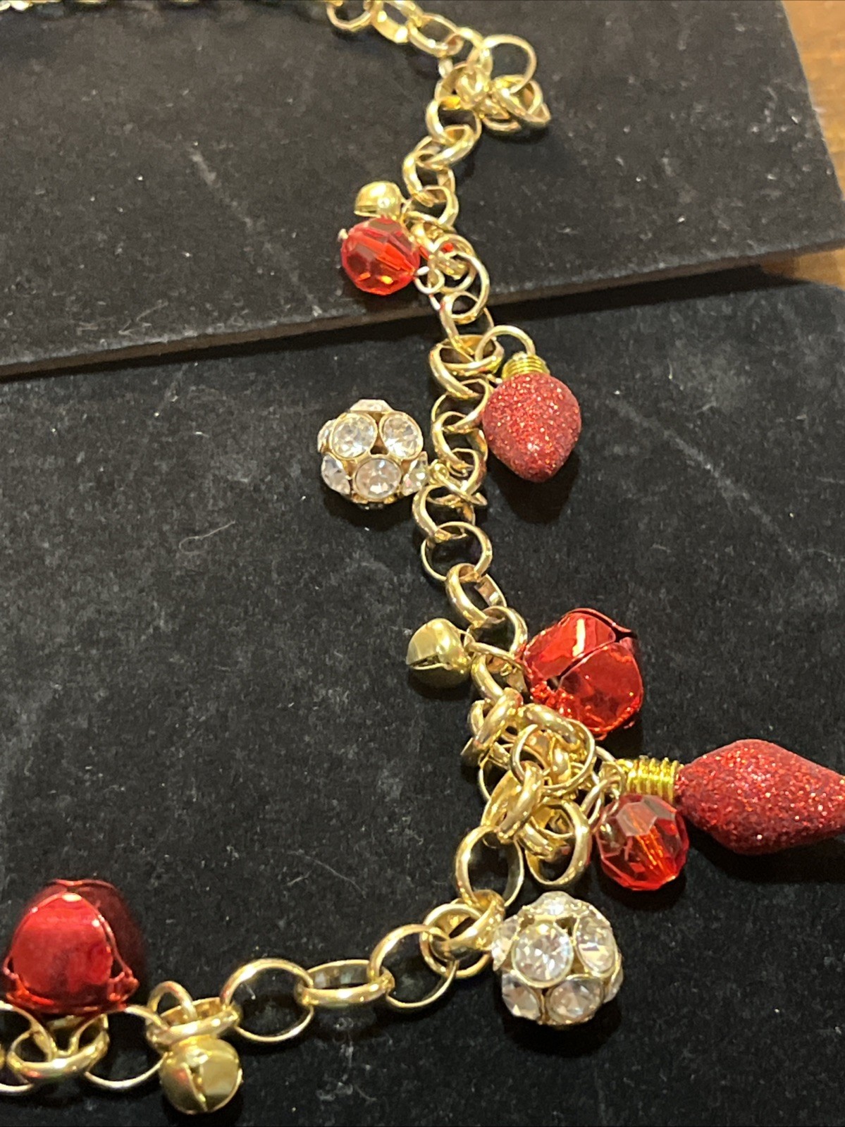 Holiday Lane Christmas Necklace Gold Tone Crystals Bells Lights Jingle Bells