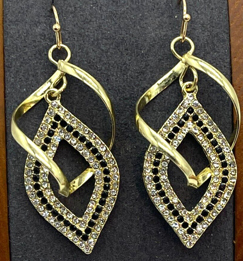 Earrings Gold Tone Black & Clear Crystal Geometric Design Drop = 2 inches