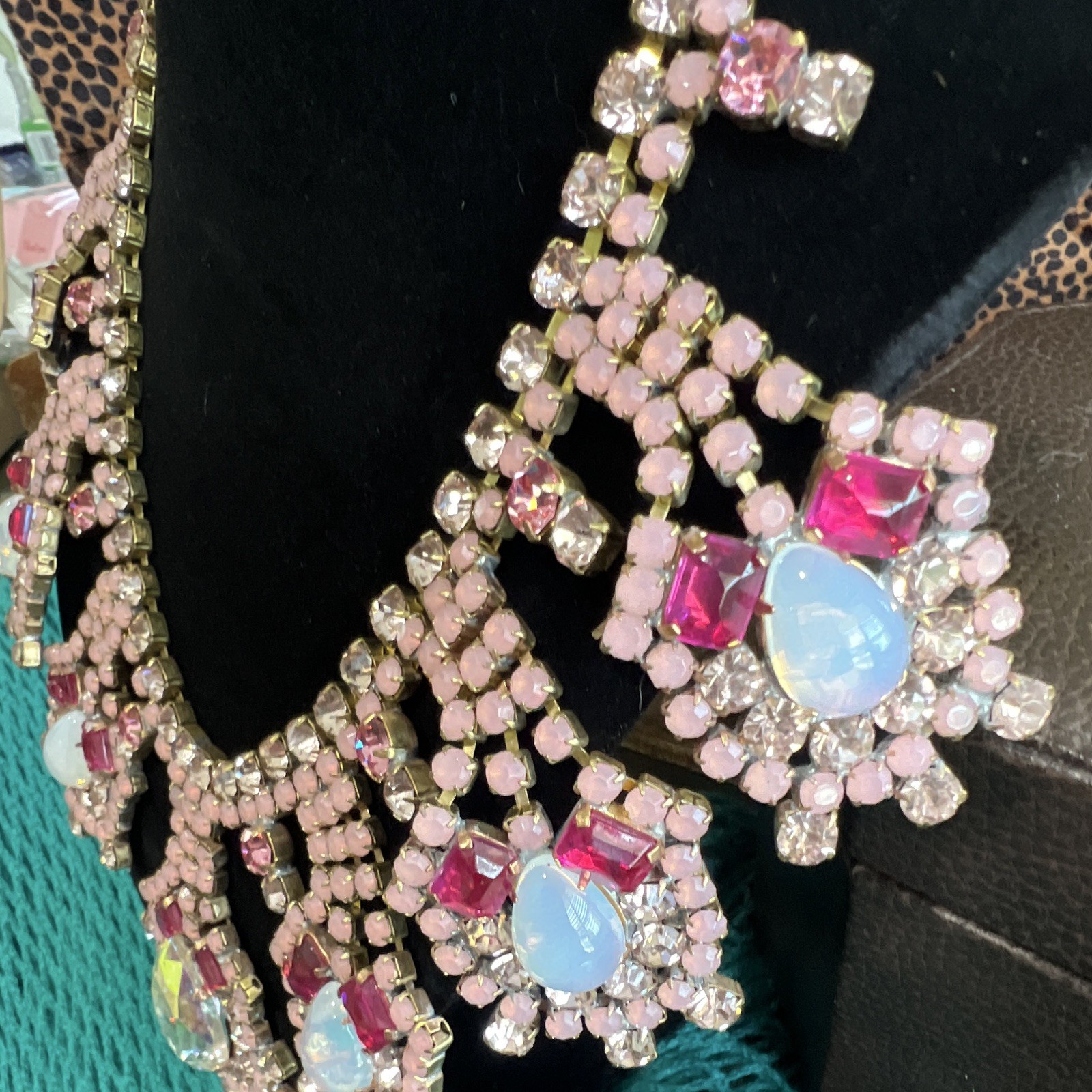 Pink & Clear Vintage Crystal Bib Statement Necklace, Prong-Set Round Stones