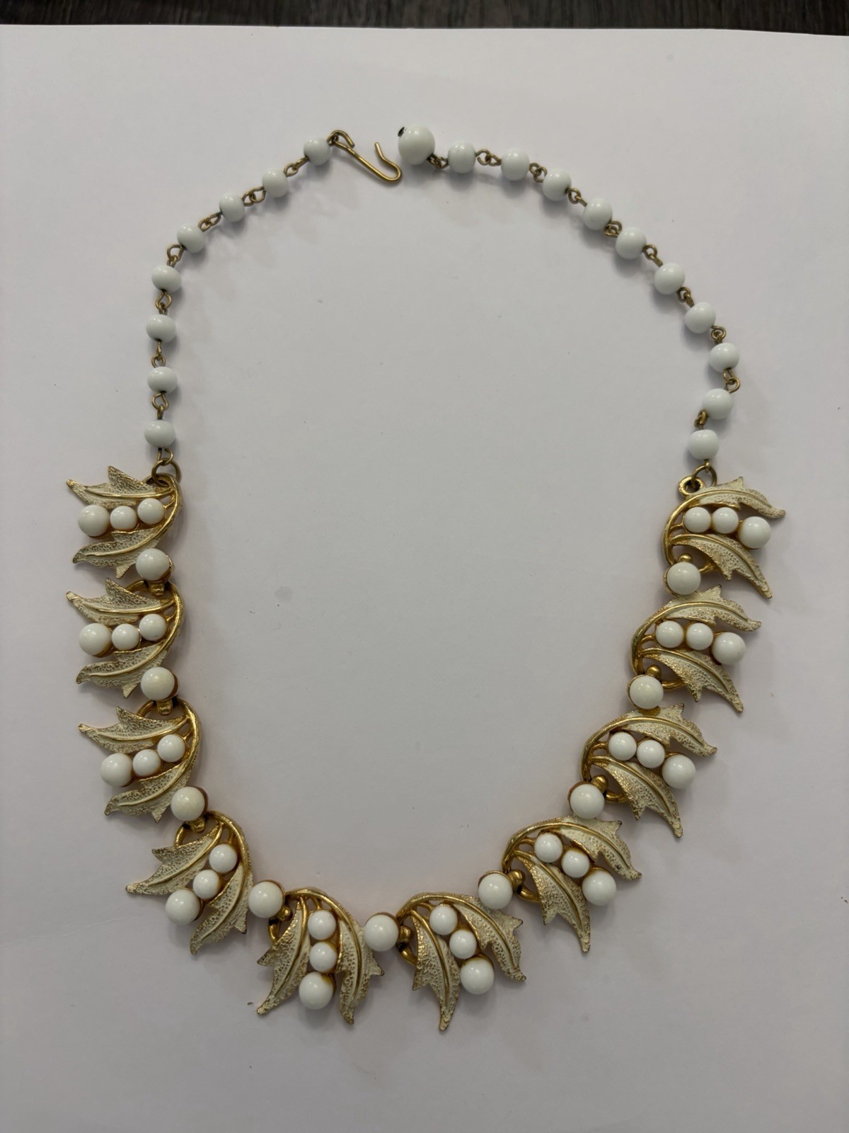 Vintage ART Signed White Milk Glass Bead Leaf Necklace Gold Tone Mid Century