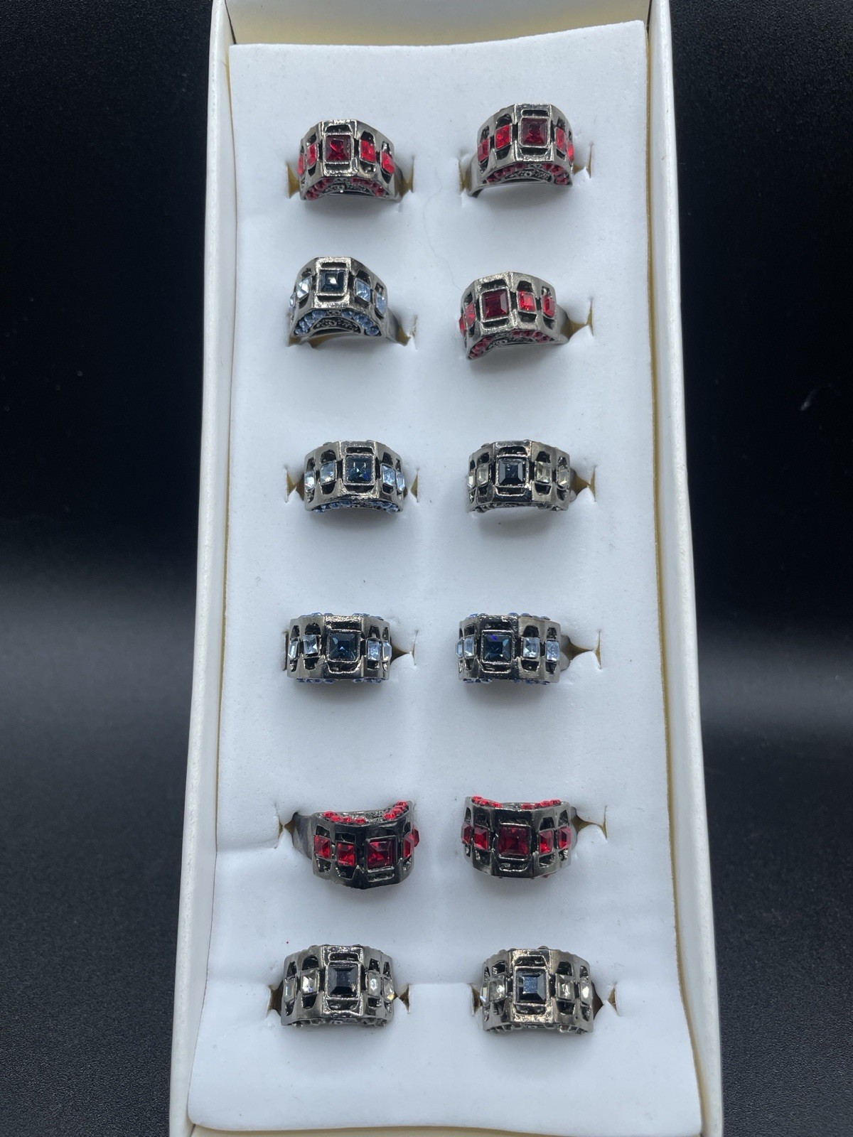 Vintage Rhinestone Ring Lot of 12 Silver Tone Adjustable Red Blue Black