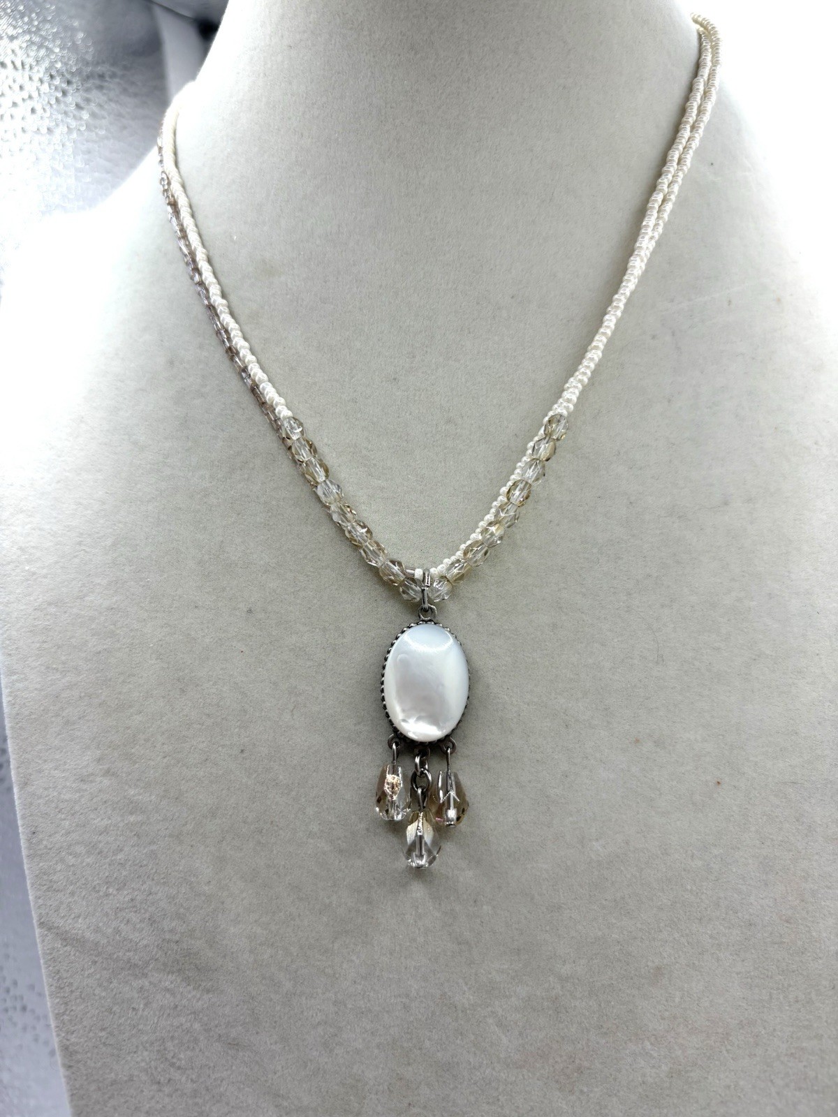 Cream & Champagne Colored Beaded Layered Necklace W/ Oval MOP Pendant Necklace
