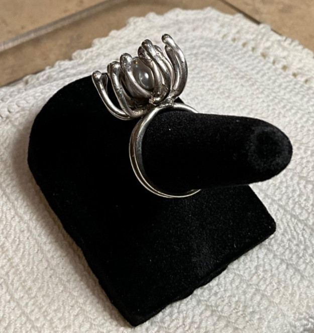 Brutalist Sterling Silver Ring Genuine Pearl Size 5