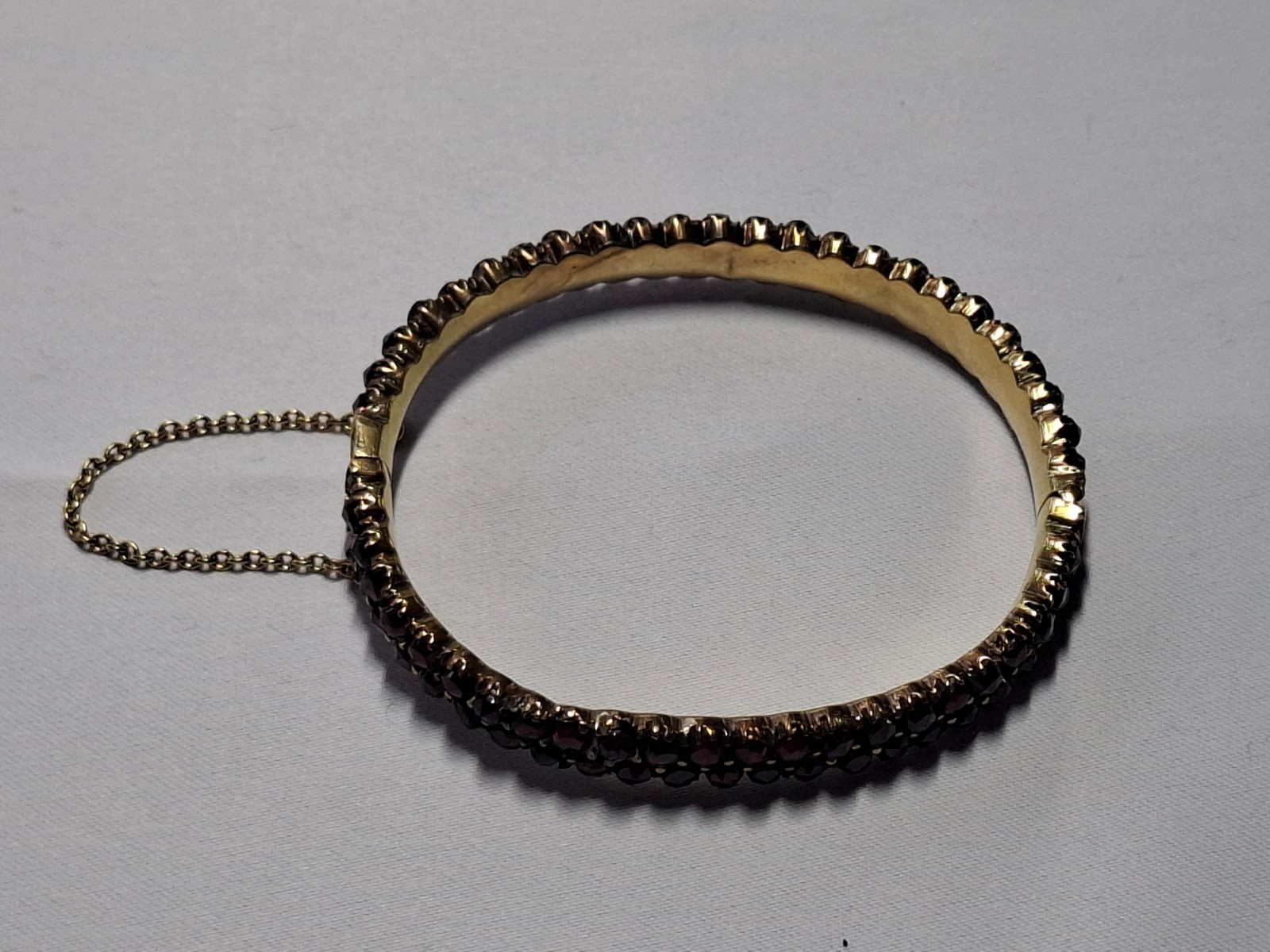 Solid Antique Gold Plated Bangle With Safety Clasp Red Garnets
