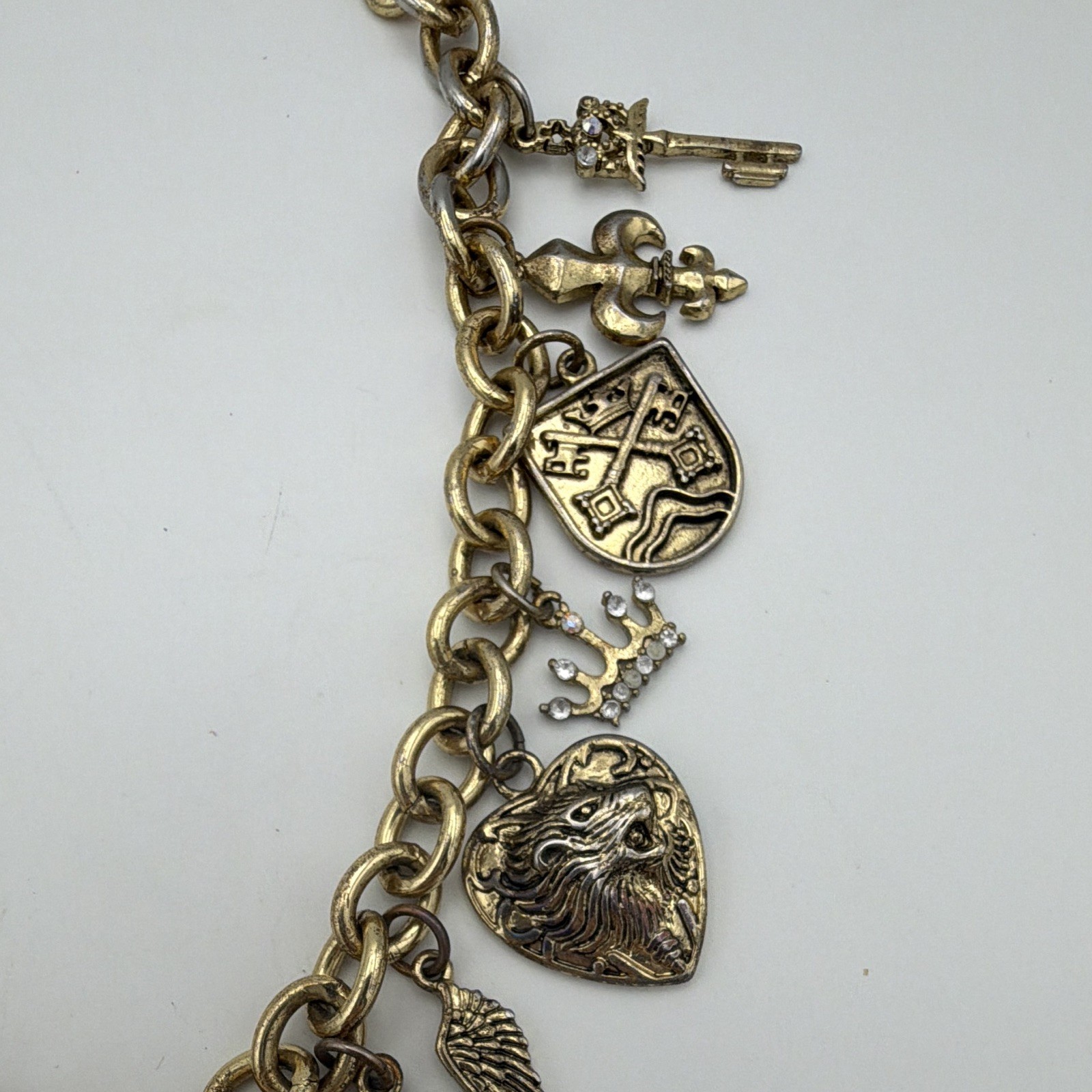 Gold Tone Cable Chain Crown Medallion Crystal Charm Necklace 20-22 inches