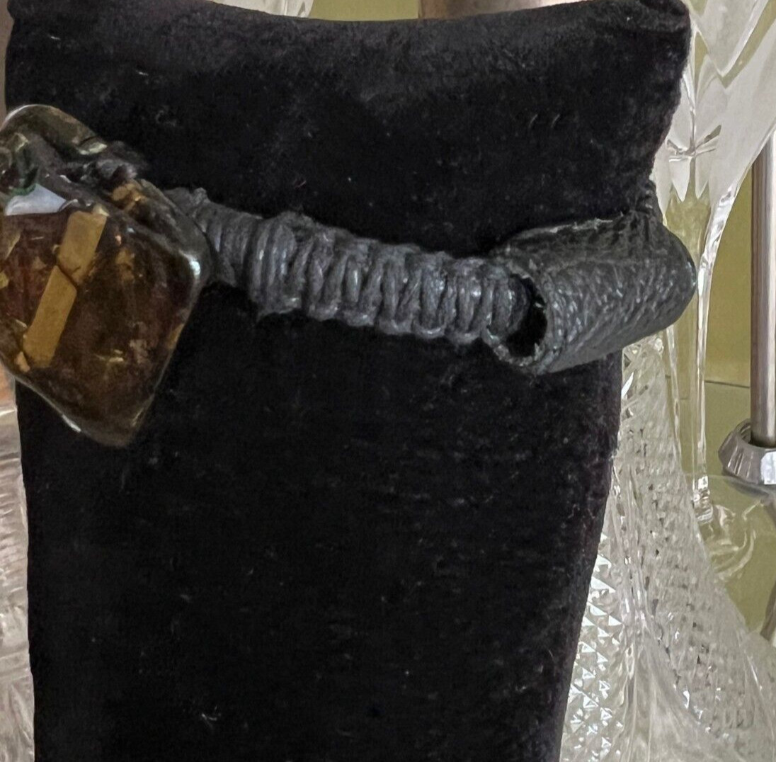 Amber macrame leather cuff bracelet jewelry for women Handmade One-of-a-Kind