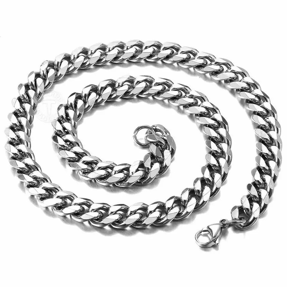 16-36″ Stainless Steel Silver Chain Cuban Curb Womens Mens Necklace 3/5/7/9/11mm