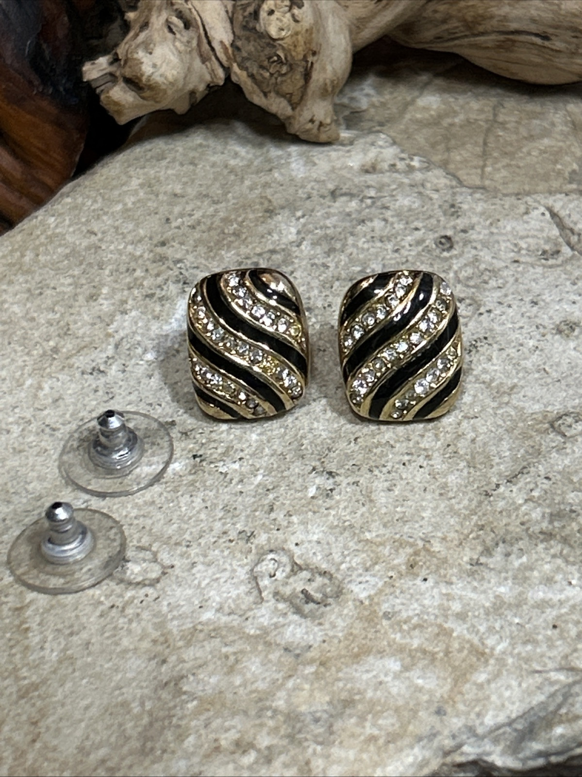 28. Christian Dior 14K Post Gold tone Black Enamel Crystal Stud Earrings 15.4mm
