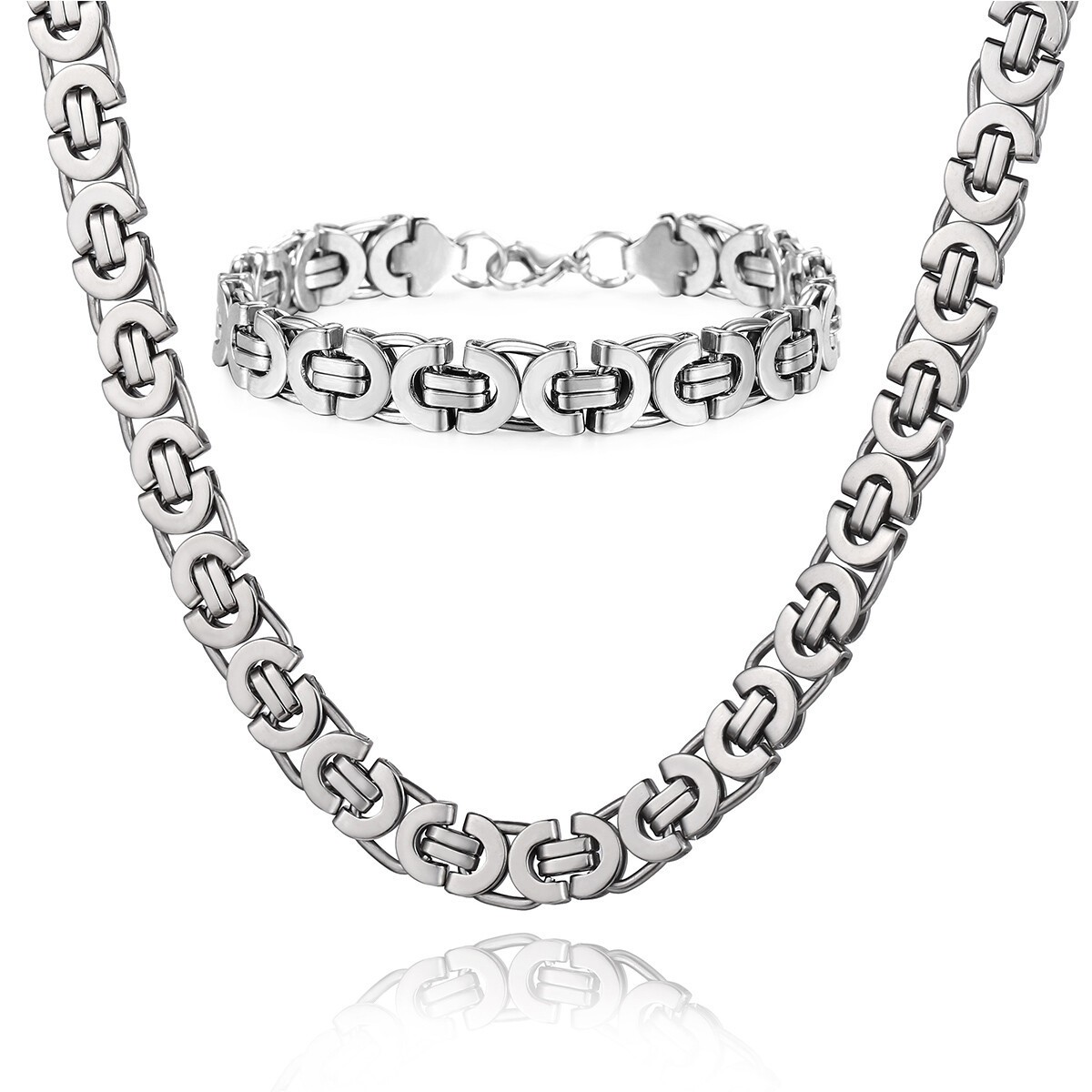 11mm Men’s Flat Byzantine Chain Necklace Bracelet Set Stainless Steel Chain