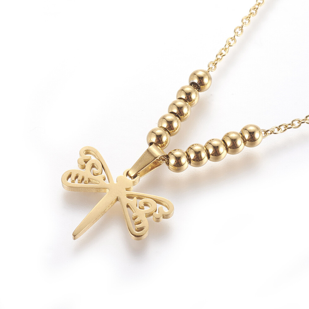 Stainless Steel Set Earrings Pendant Necklace Dragonfly Gold 18″ P865