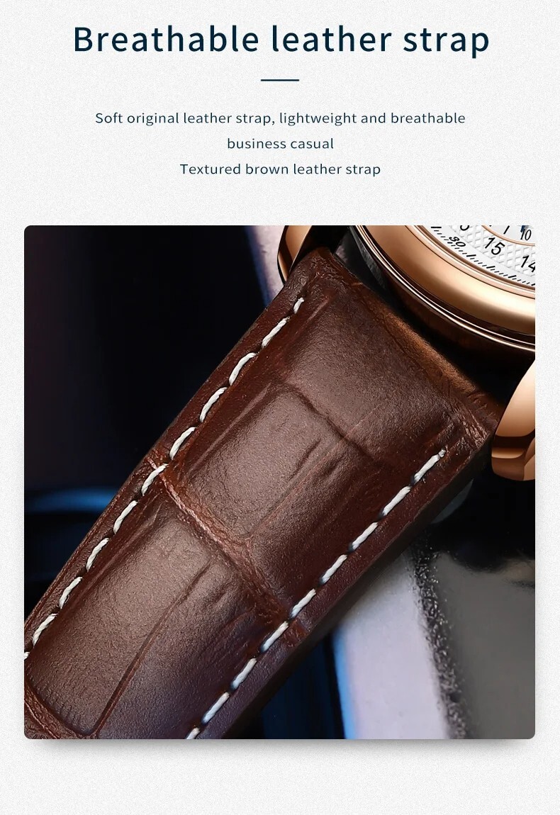 OLEVS Automatic Mechanical Watch Men’s Moon Phase Waterproof Leather Men Strap