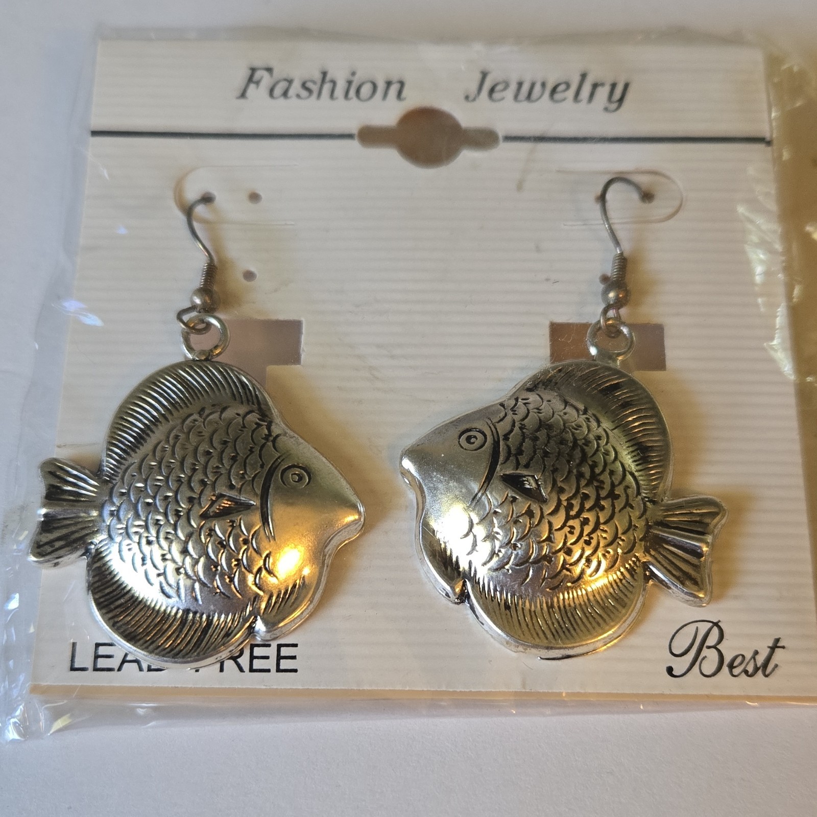 Earrings Fish Design Silver Tone Dangle Hook Lead-Free Metal No Stone