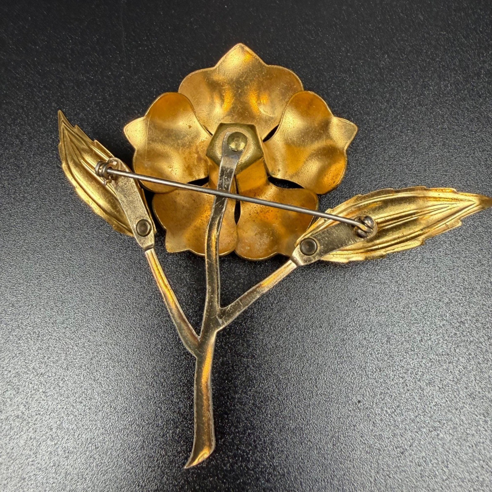 Vintage Blue Cold Painted Enamel Flower Brooch Gold Tone Statement Pin 3.75 In