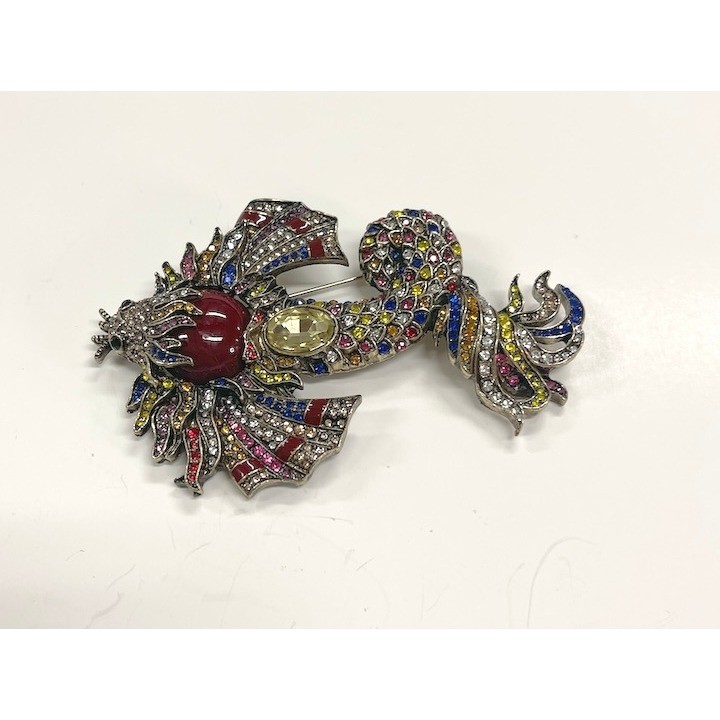 Heidi Daus Koi Fish Multicolor Rhinestones on Gold Tone Brooch Pin Extra Large
