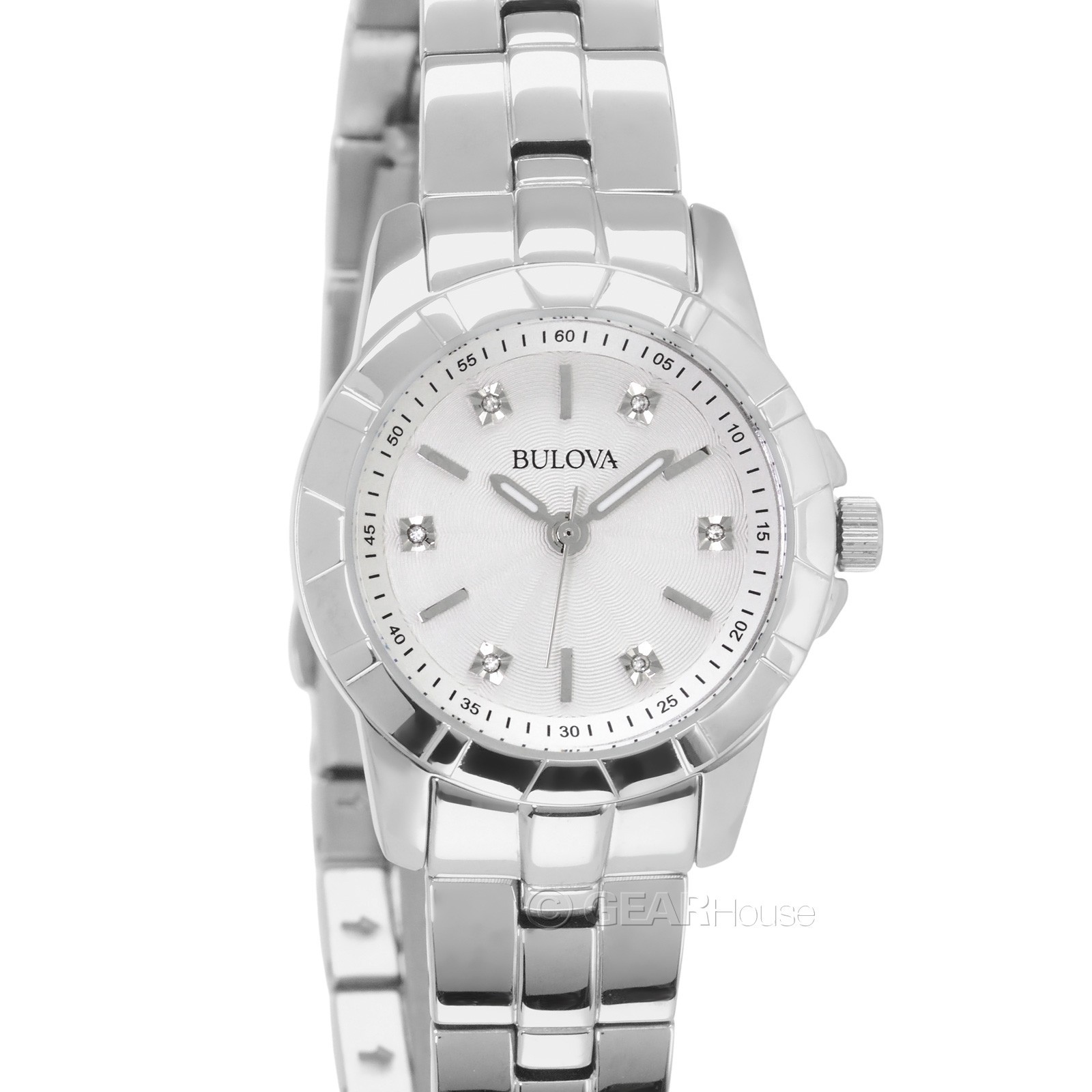 BULOVA Womens Diamond Marker Watch, Silver White Dial, Stainless Steel Band