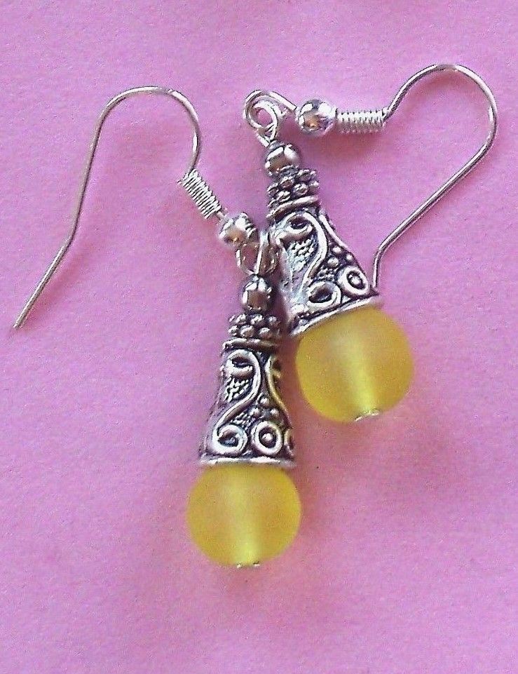 lemon YELLOW SEA FROSTED GLASS drop earring SP HANDCRAFTED XX