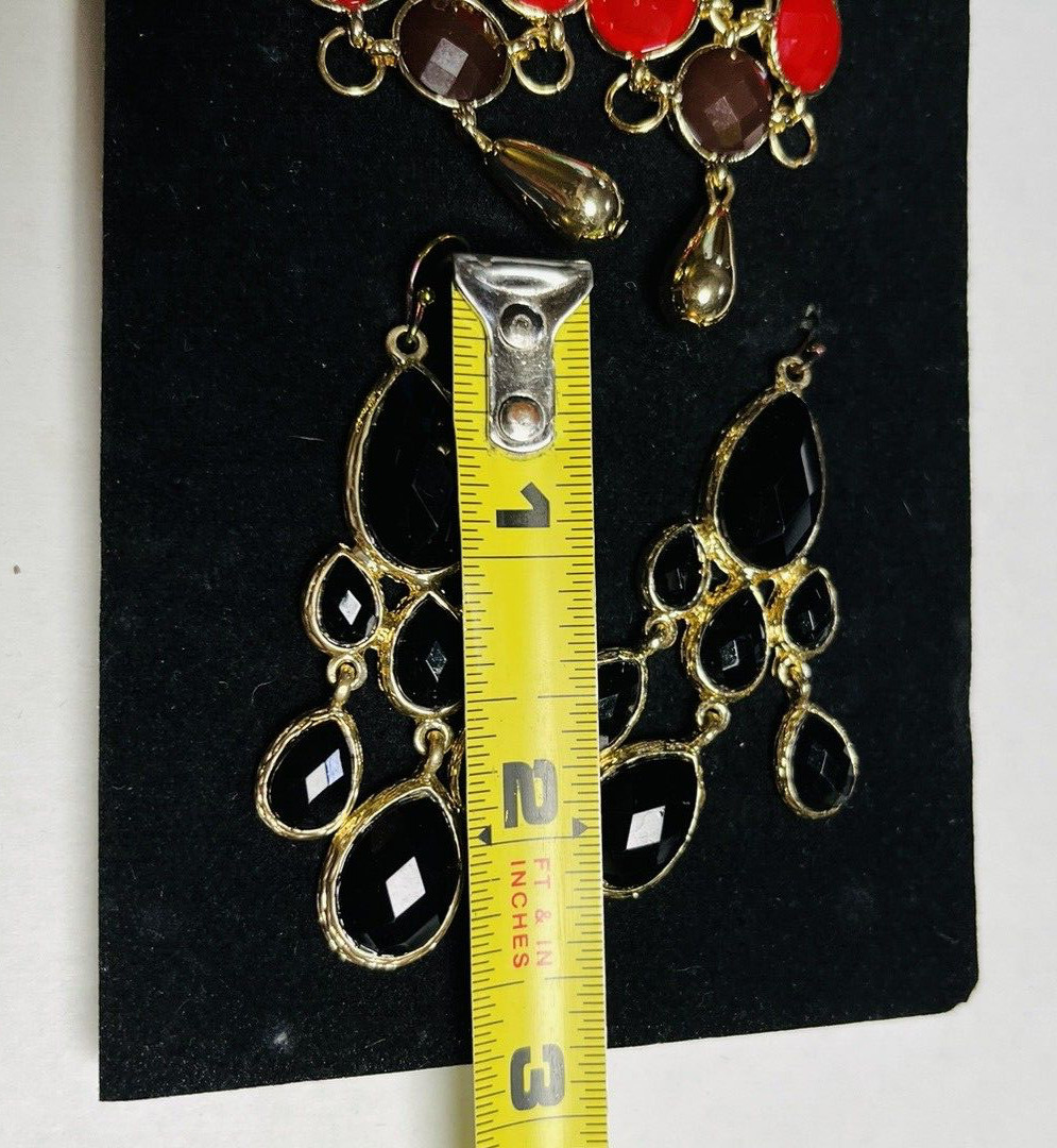 Modern Southwestern Hook Earring Set of 2 Red Black Gold Tone Chandelier 2-2.25″