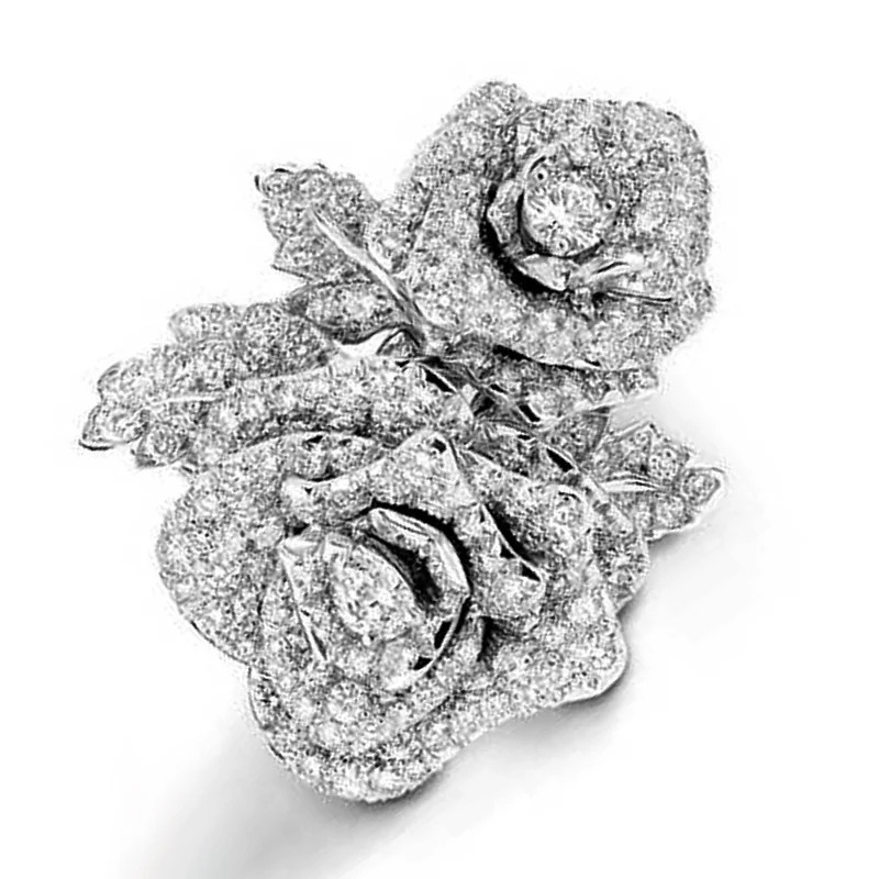 Floral Shape Statement Ring Simulated Zirconia Silver Tone Prong Set Jewelry