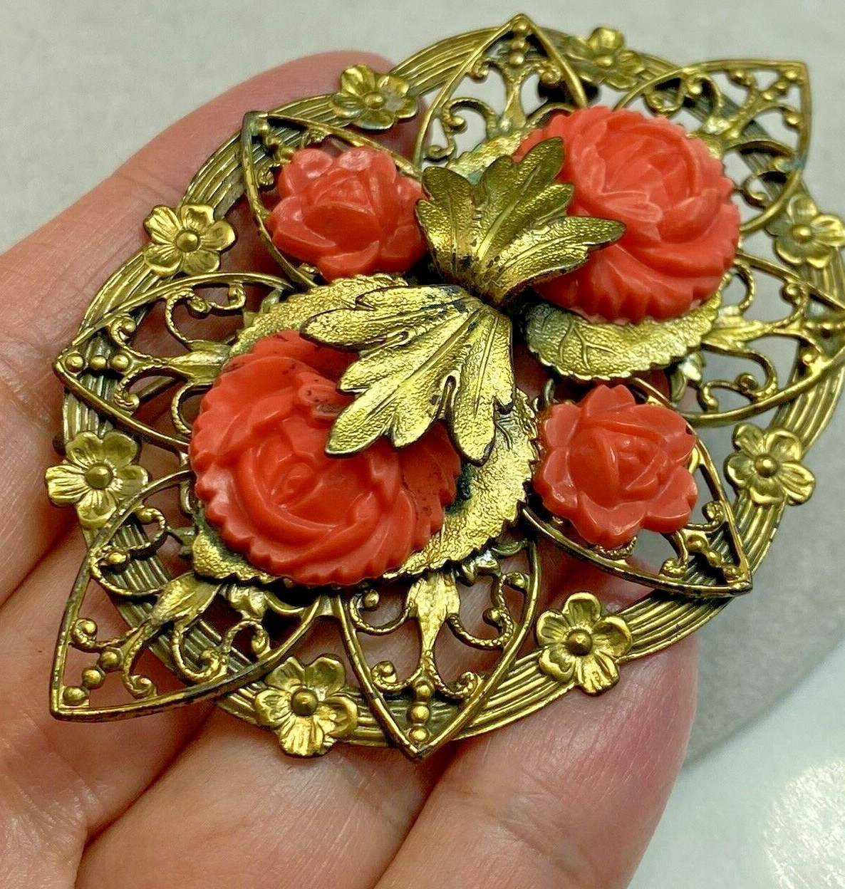 Vintage Filigree Brooch Estate Jewelry Pre-Owned Coral Rose XXL Die Struck