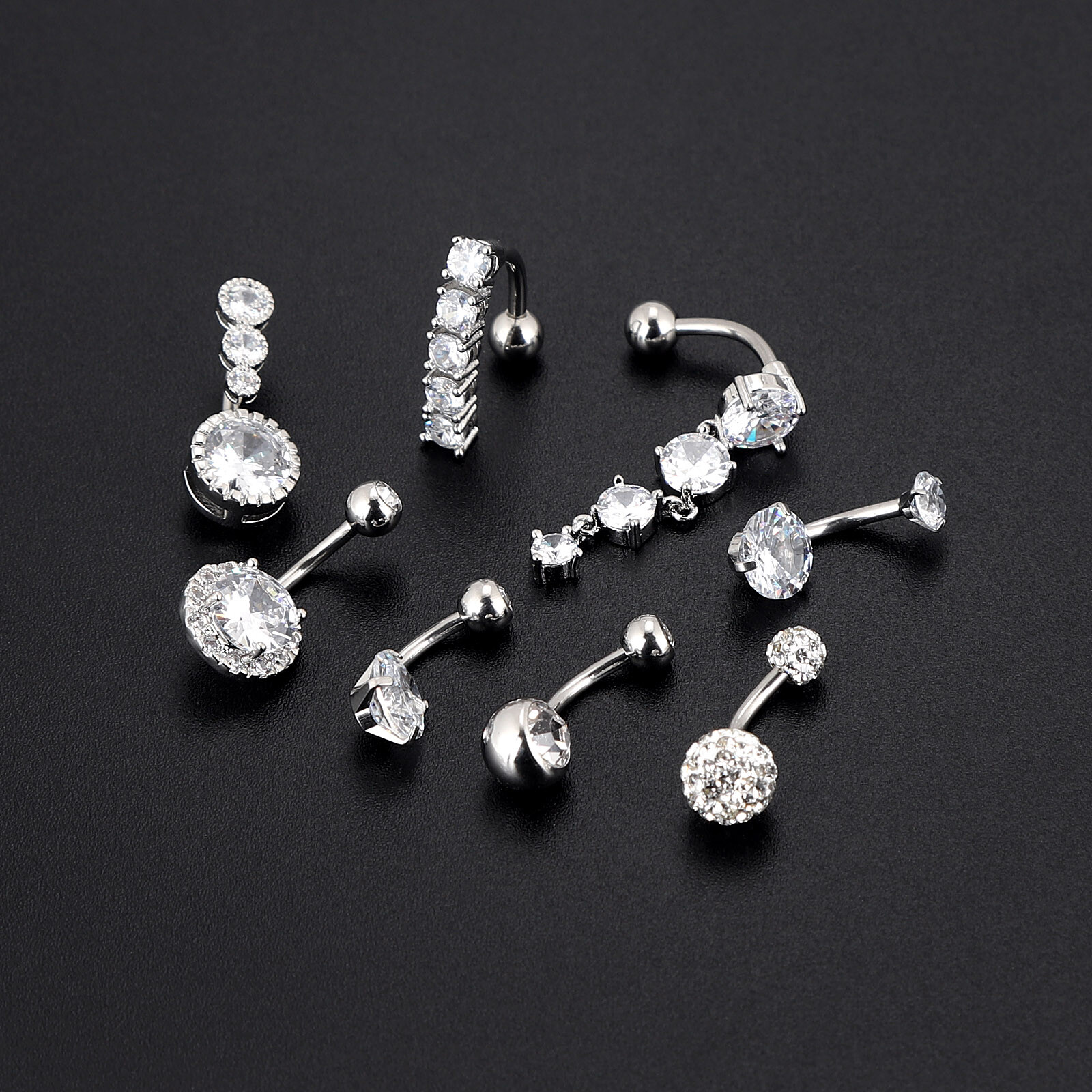 8Pcs Rosegold & Silver Stainless Steel CZ Navel Belly Button Rings Piercing Set