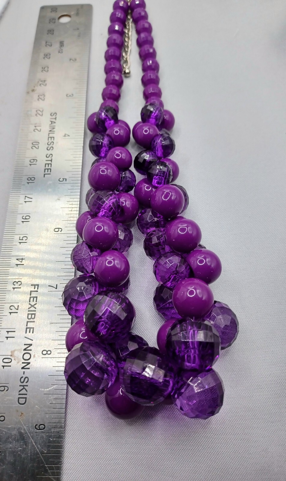 Purple Bauble Necklace Checkerboard Clear Facet and Opaque Smooth Beads 18-20″