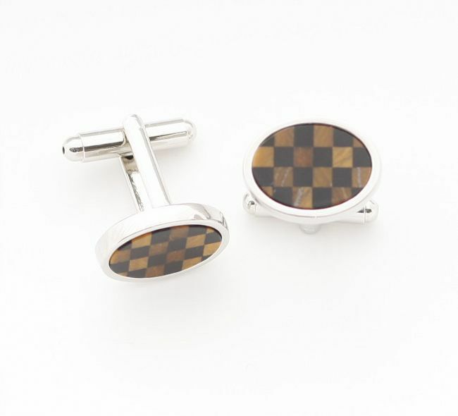 C0019 CUFFLINKS CUFF LINKS OVAL BLACK ONYX TIGEREYE GEM STONE MOSAIC CHECKS GRID