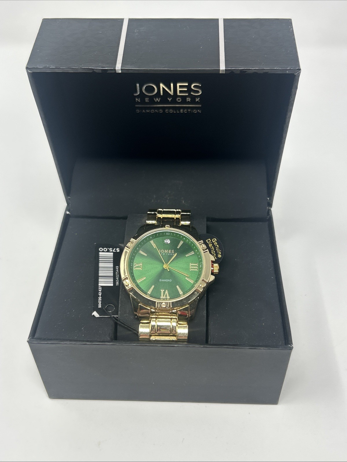 NIB Jones New York Diamond Collection Gold Tone Green Face Genuine Diamond