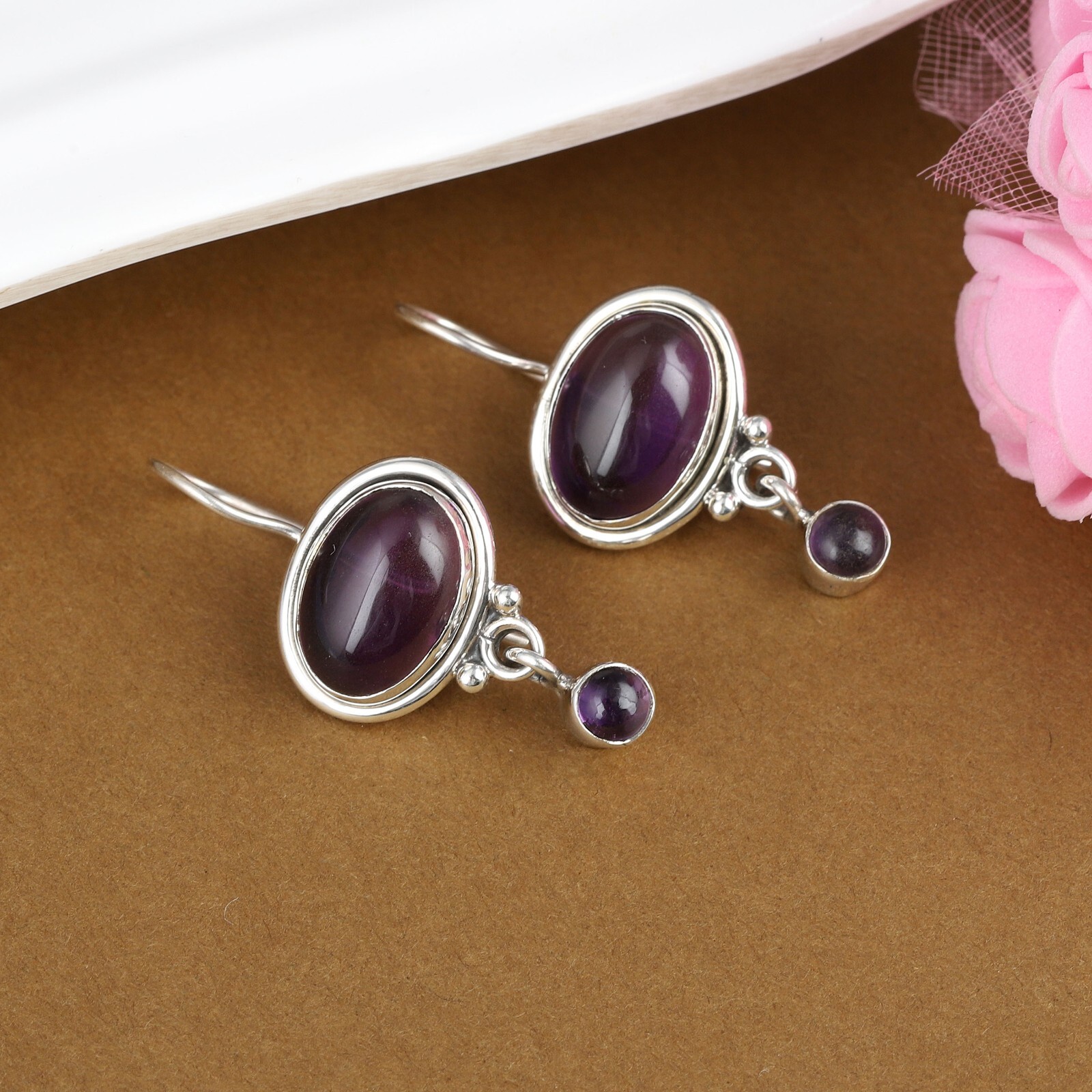 925 Sterling Silver Handmade Silver Earrings Natural Amethyst Stone Earrings