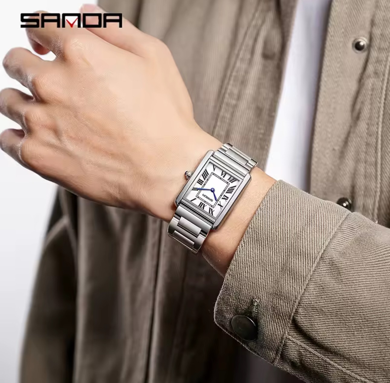 SANDA Men’s Watch Classic Roman Numeral Silver Dial Stainless Steel Bracelet