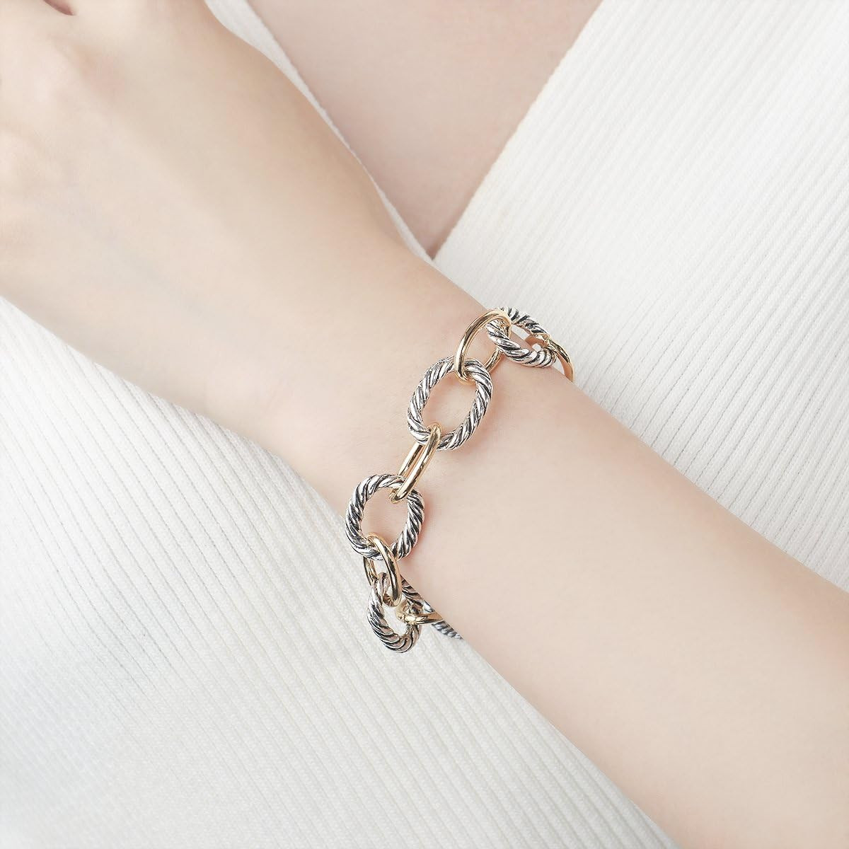 Twisted Cable Wire Link Chain Bracelet Two Tone Designer Brand Inspired Women Je