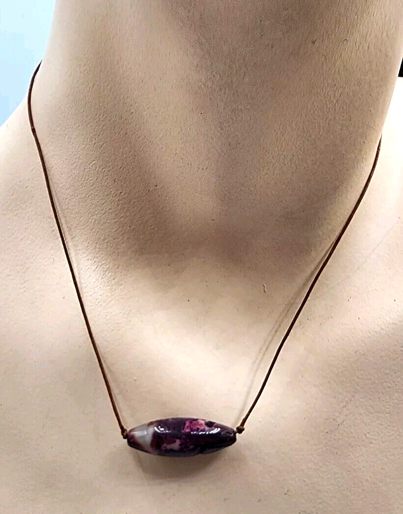 Purple Stone Baguette Pendant Necklace Leather Cord Boho Beachy Artisan Handmade