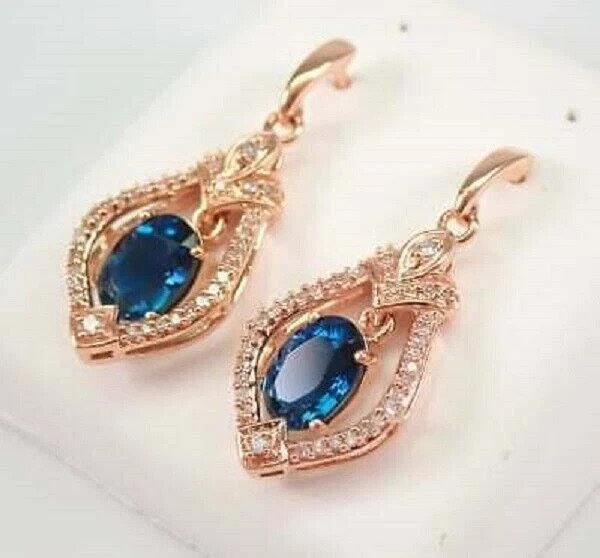 2.80Ct Oval Cut Lab Created London Blue Topaz Drop/Dangle 14K Rose Gold Plated